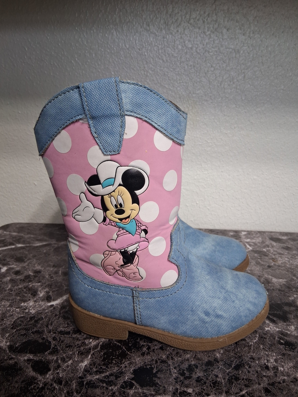 Minnie Mouse Pink Polka Dot Denim Kids Cowboy Boots Size 7